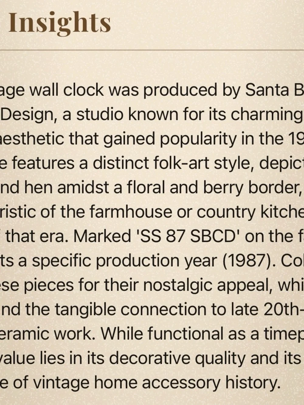 Vintage Santa Barbara Ceramic Design Rooster Wall Clock